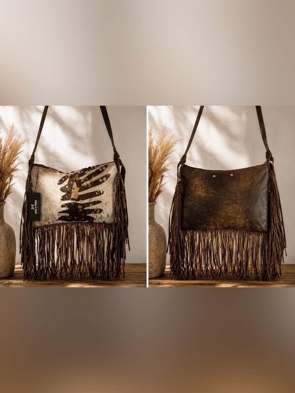 Real Calf Hair Fringe Brown White Zebra Bag Purse Leather Suede Tassel Boho NWT